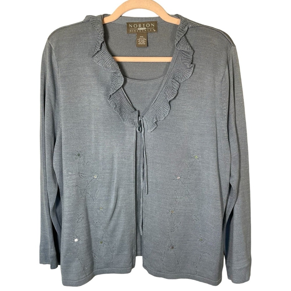 Norton McNaughton Petites PXL Silk Cardigan‎ Sweater Blue Ruffle Floral Sequin